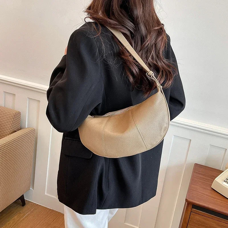 Badiman Genuine Cowhide Half-Moon Underarm Bag – Large Capacity Shoulder Crossbody Tote for Women