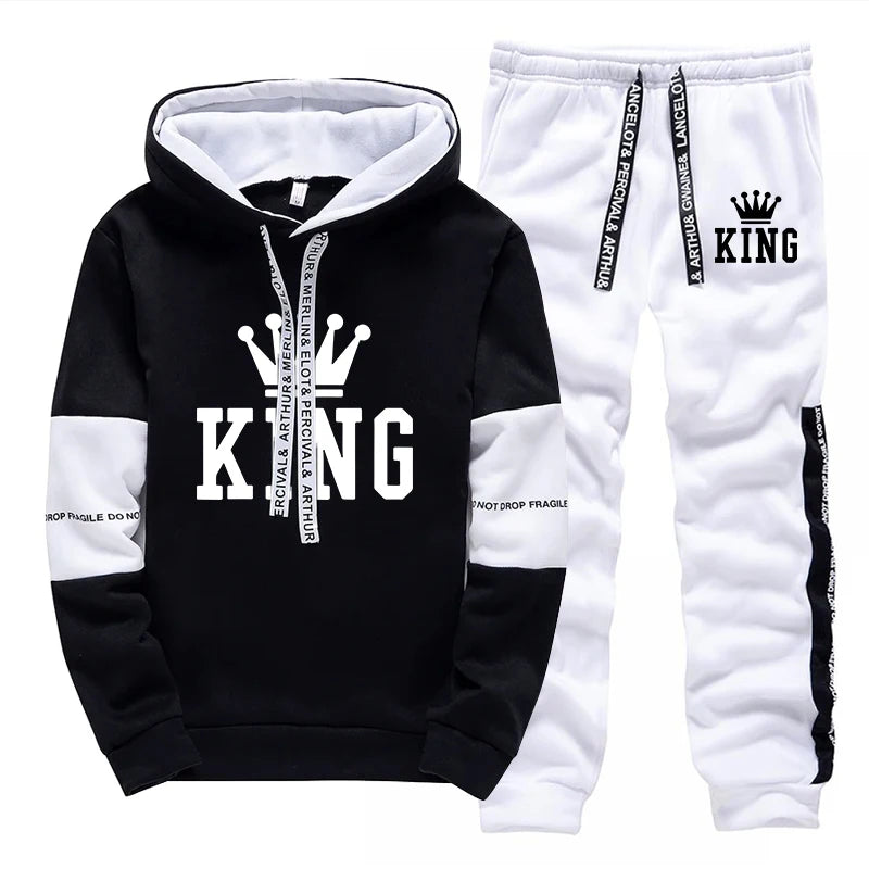 Men's King Print Hoodie & Sweatpants Streetwear Tracksuit – Casual Outdoor Sport Set