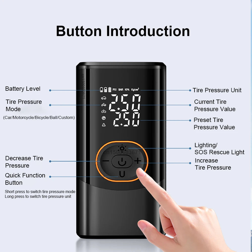 Cordless Tire Inflator with Dual Display and Auto Shutoff