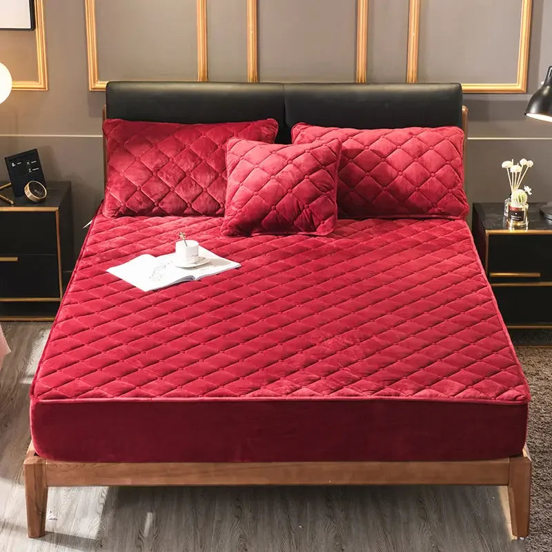 Crystal Velvet Quilted Mattress Cover – Warm Plush Fitted Sheet, Queen & King, No Pillowcase