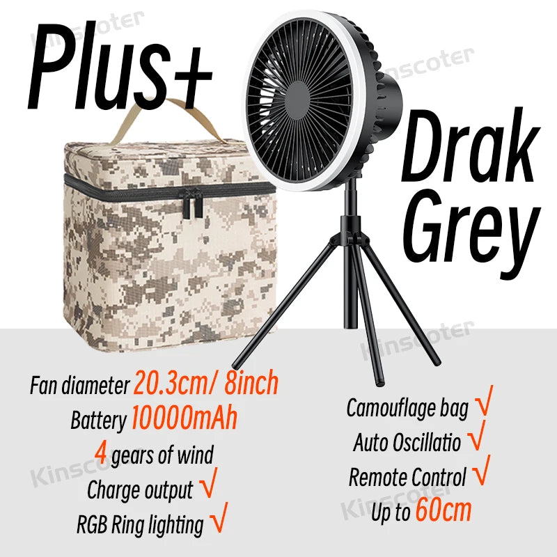 10000mAh Camping Fan – Rechargeable Portable Wireless Ceiling Fan with Power Bank & LED Lighting Tripod