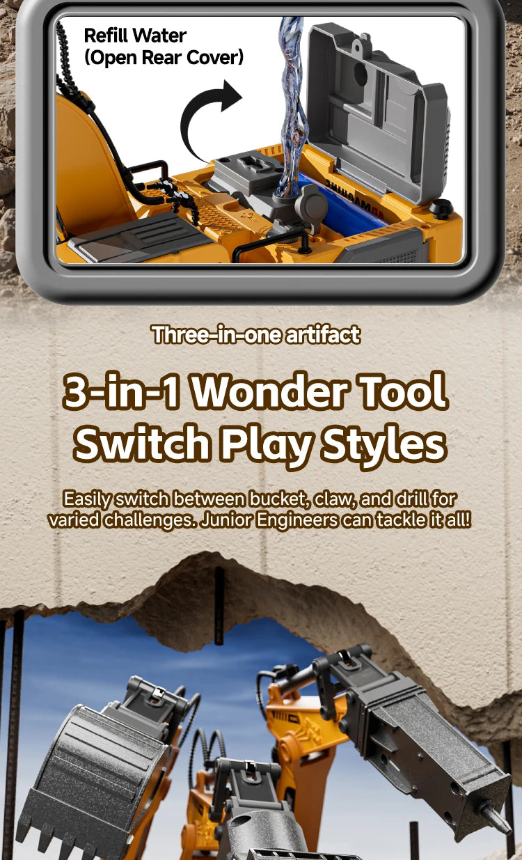 14-Channel 3-in-1 RC Excavator with Mist Spray – Alloy Remote Control Construction Truck