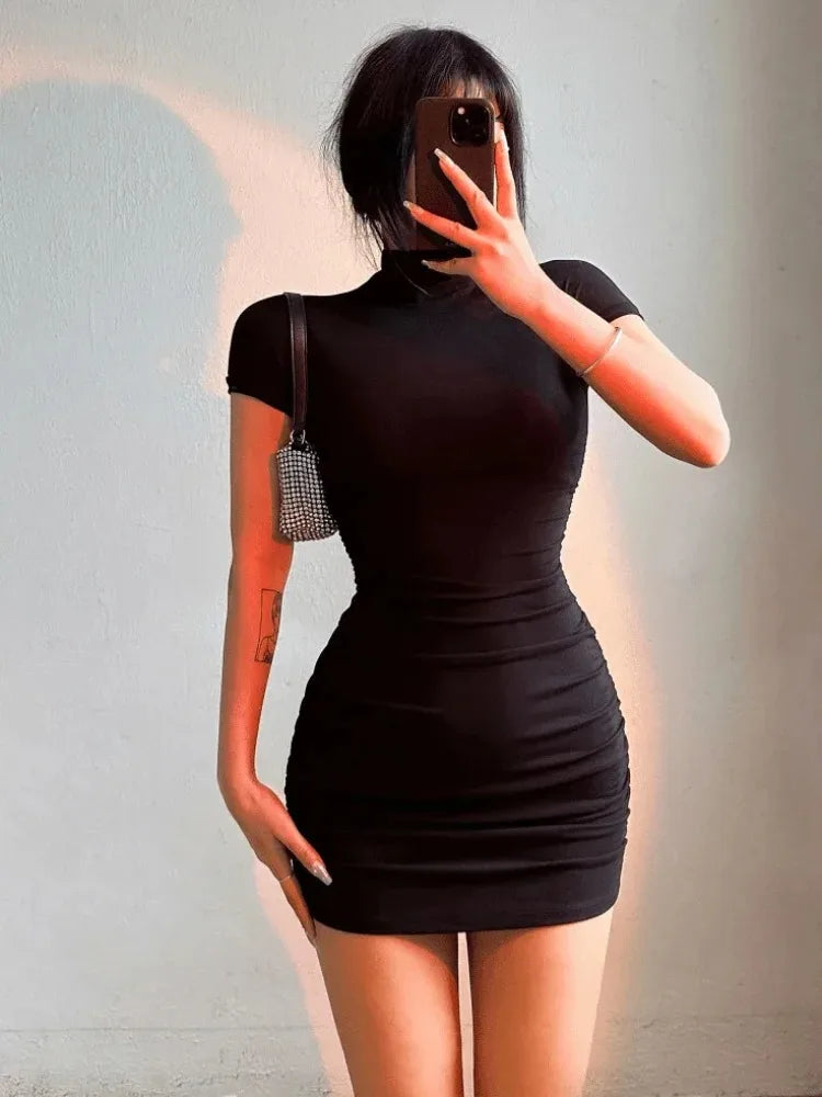 Sexy Bodycon Mini Dress — Pleated High Collar Slim Fit Party Dress