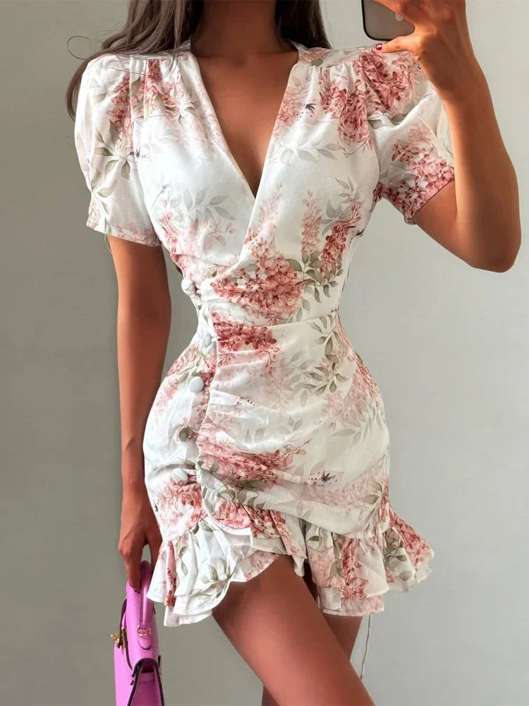 Women's Floral Ruffle Slim Dress – Deep V-Neck Double Layered Ruffled Hem Party & Daily Gown
