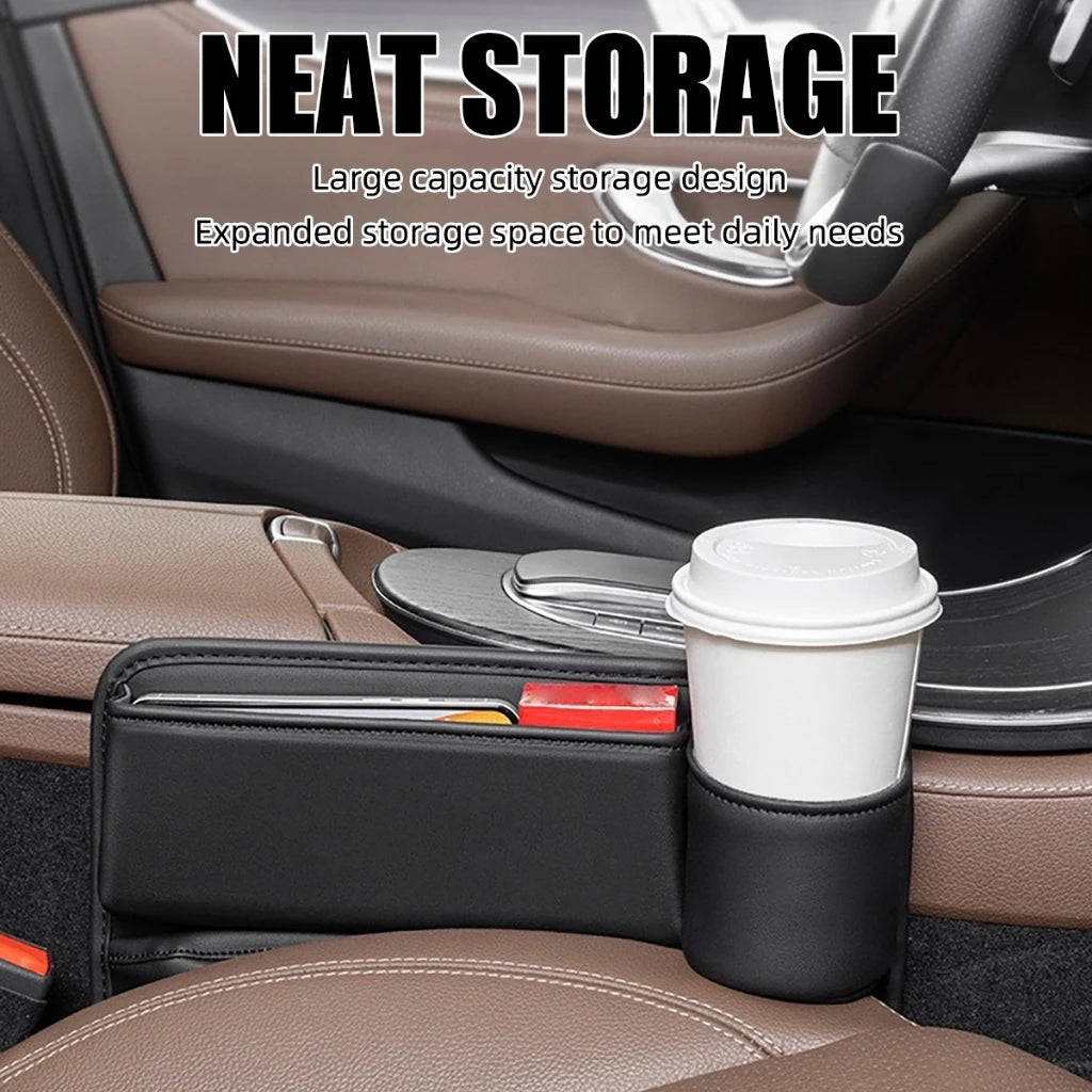 Car storage organizer with cup holder and expanded storage space in a vehicle.