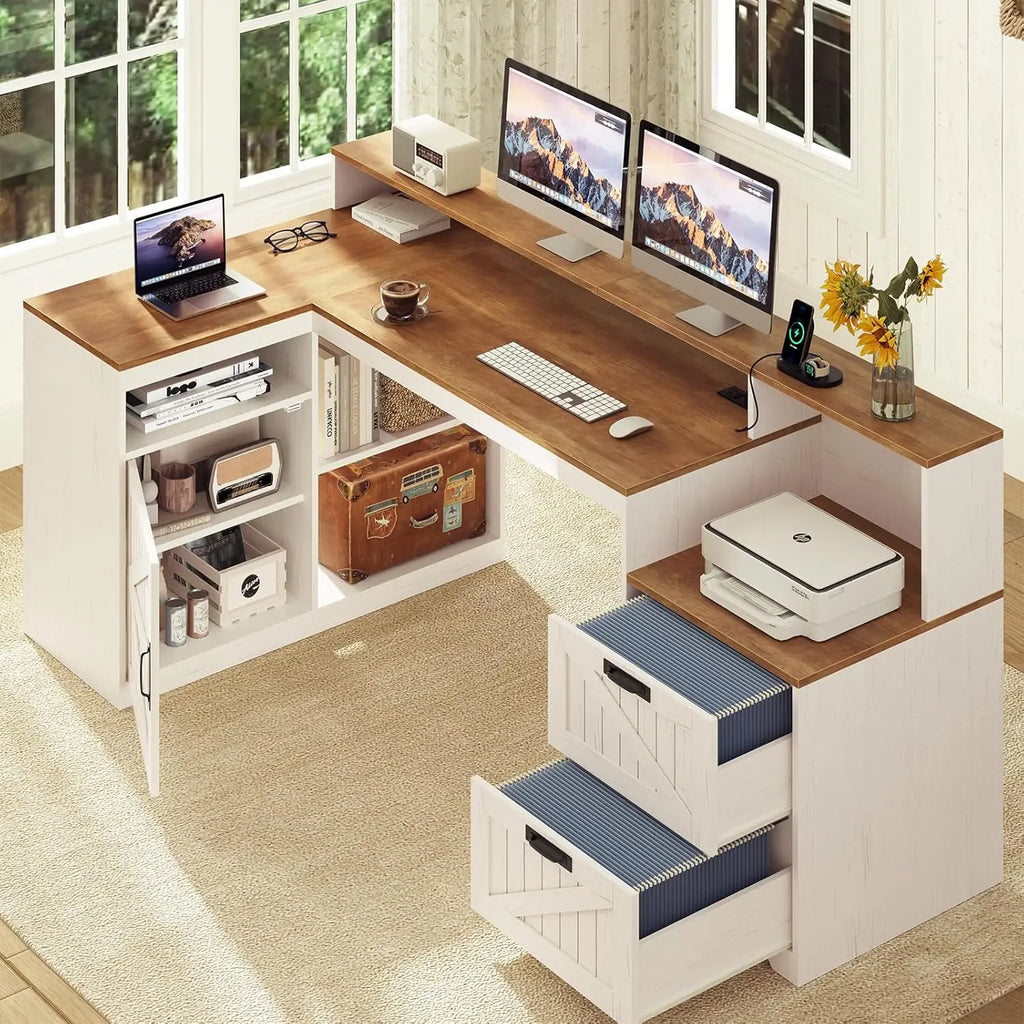 Farmhouse L-Shaped Desk with Drawers & Power Outlet — 62.2" Home Office Desk with Storage Shelves & Monitor Stand