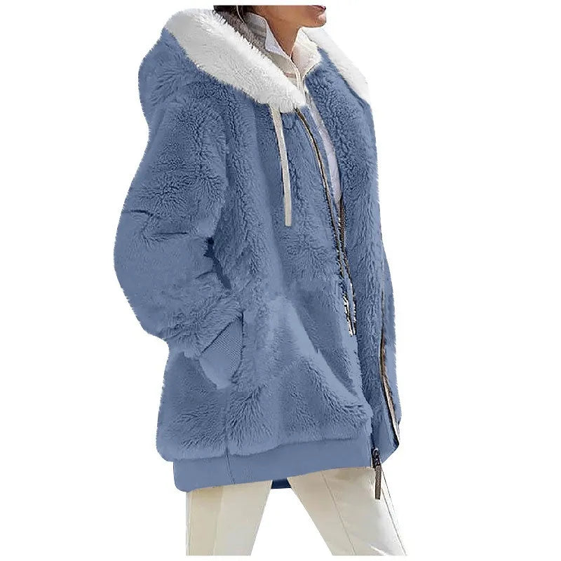 Women's Hooded Zip-Up Fleece Jacket – Loose Casual Solid Color Coat