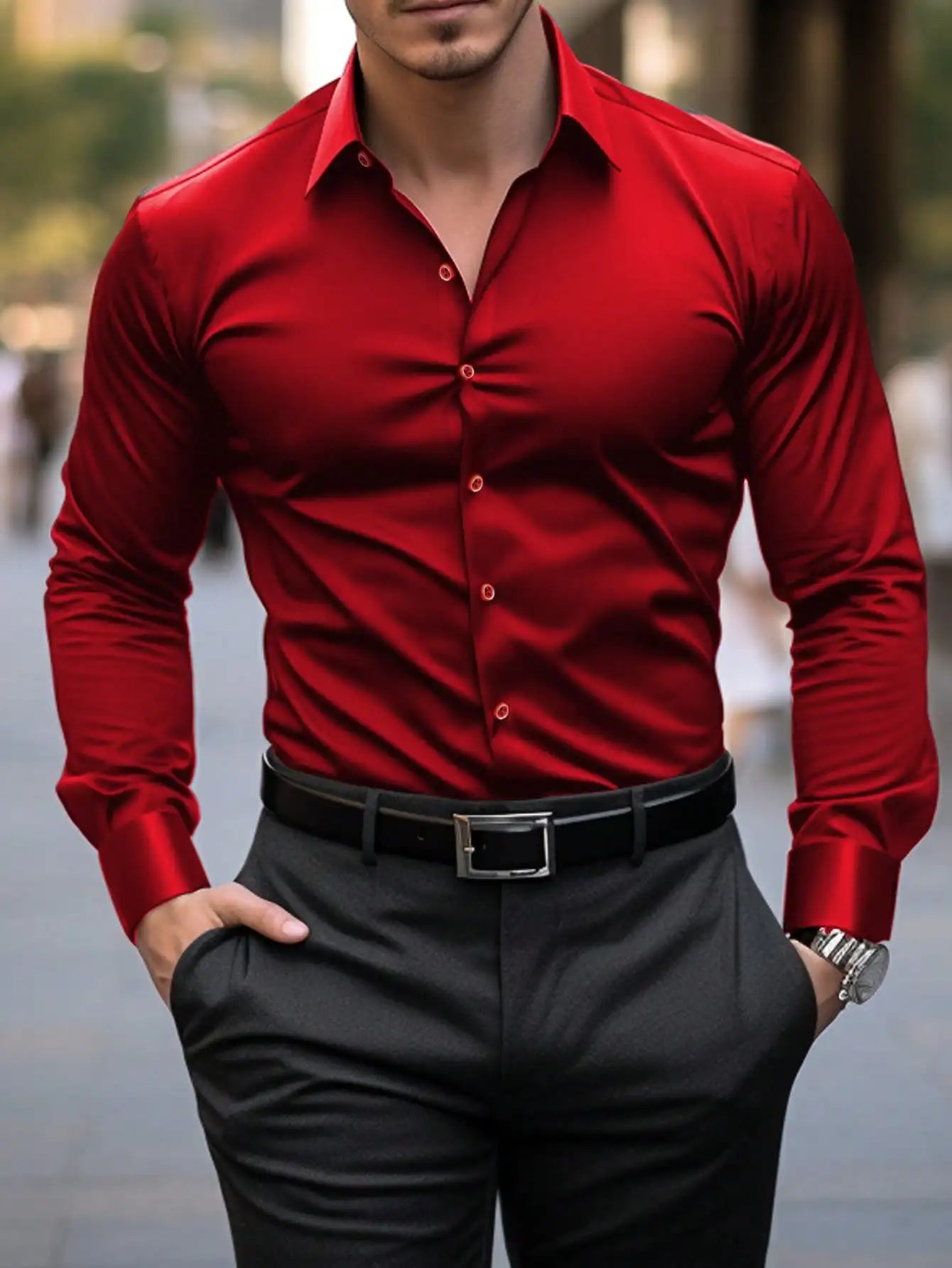 Men's Solid Red Long Sleeve Formal Dress Shirt — Bold Color Business Shirt