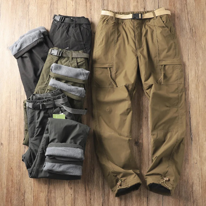 Men's Fleece-Lined Waterproof Hiking Pants — Loose Windproof Outdoor Workwear