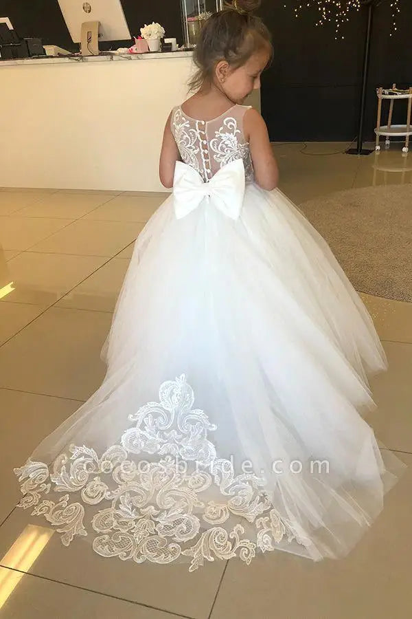 Long Sleeve Flower Girl Dress — White Lace Tulle First Communion & Bridesmaid Dress