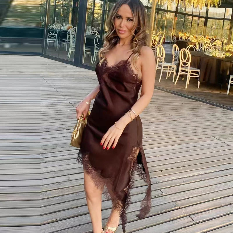 HXAO Lace Asymmetric Slip Mini Dress – Sexy Sleeveless Backless Evening Dress