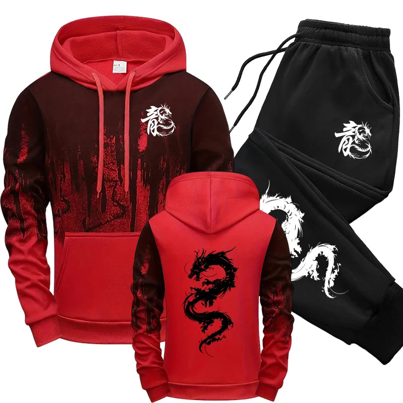 Men's Chinese Dragon Print Hooded Sweatshirt & Sweatpants Set – Autumn Winter Casual