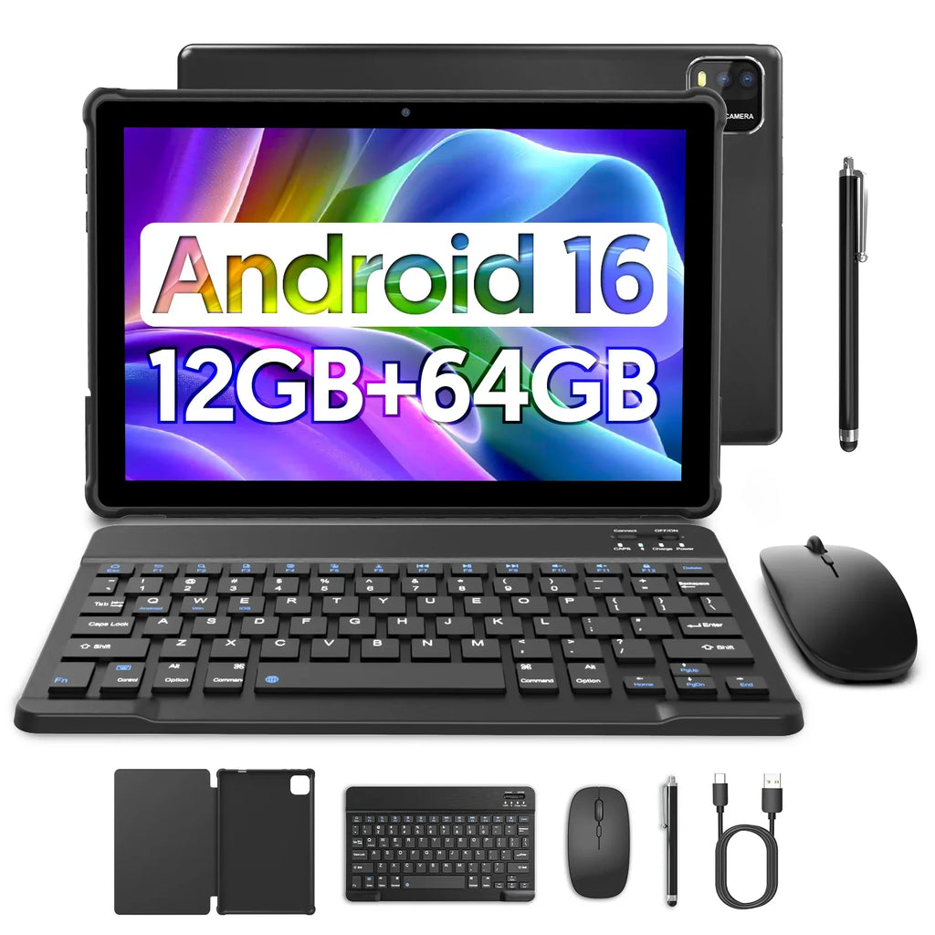 BAKEN 10" Android 16 Tablet – 12GB RAM, 64GB, Wi-Fi, Dual Camera, Case & Keyboard Options
