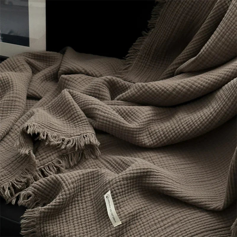 100% Cotton Tassel Blanket – Skin-Friendly Plaid Sofa Throw & Bed Shawl, Solid Color