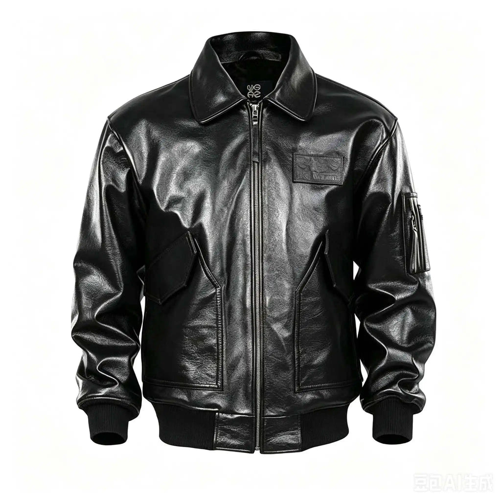 Men's Black Glossy Genuine Cowhide MA-1 Flight Jacket — Military Bomber with Point Collar