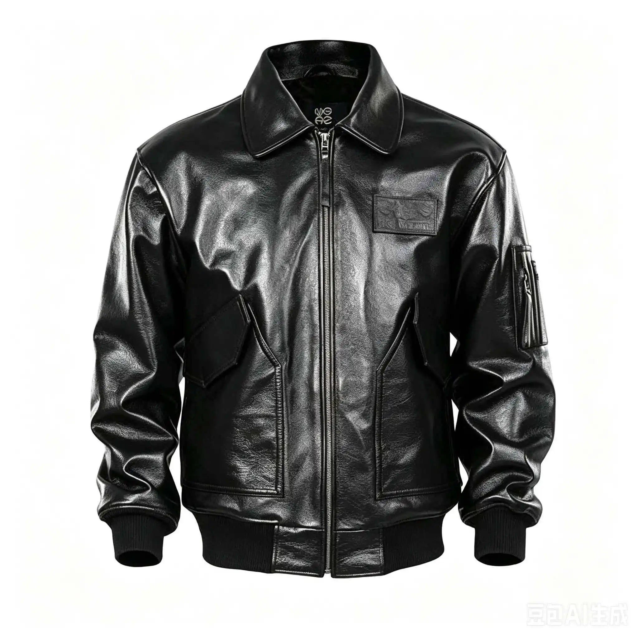 Men's Black Glossy Genuine Cowhide MA-1 Flight Jacket — Military Bomber with Point Collar