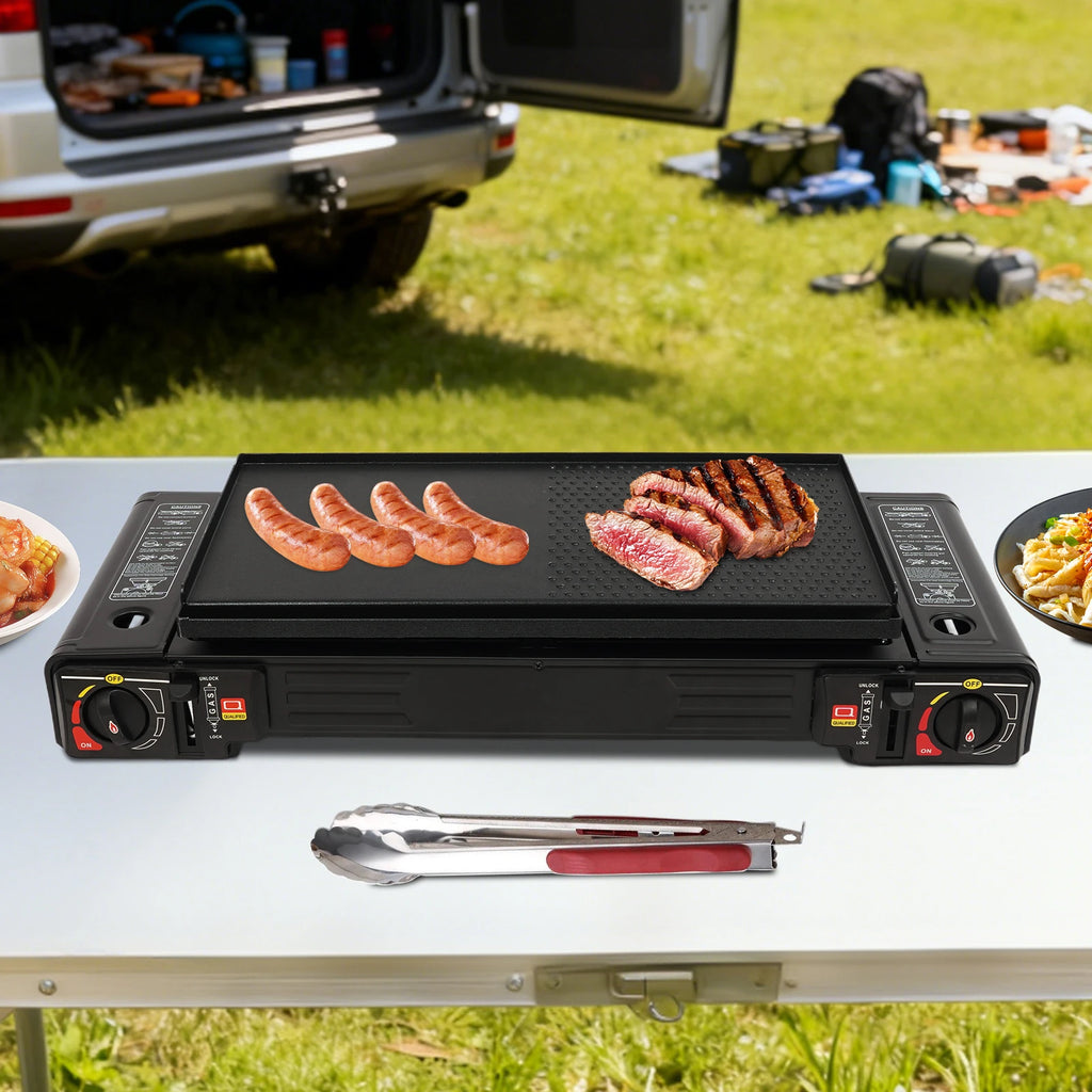 2-Burner Portable Camping Stove — 2500W Each, Butane/LPG, Piezo Ignition, Carry Case Included