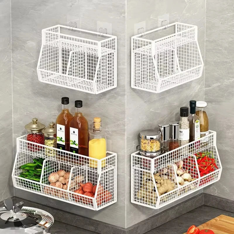 Screwless Wall-Mounted 3-Compartment Kitchen Storage Rack – Multi-Use Iron Organizer for Kitchen & Home