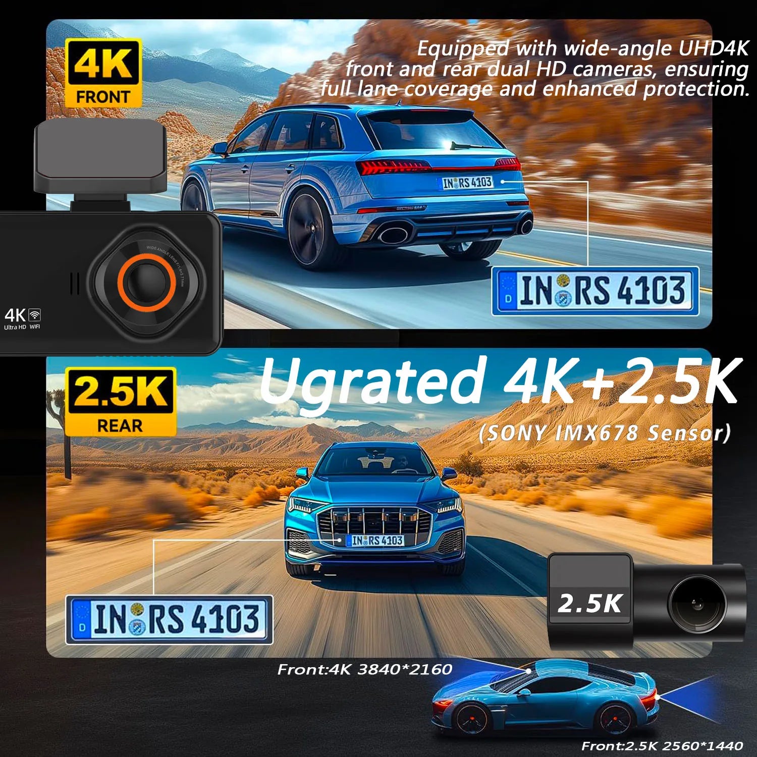 UHD 4K+2.5K Dual Lens Dash Cam – WiFi, GPS, WDR Night Vision, Mini Car DVR Black Box