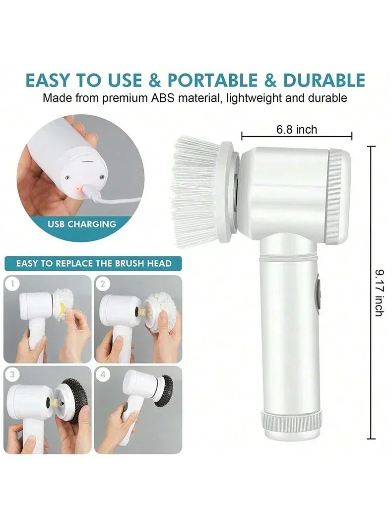 Cordless Spin Scrubber 5-in-1 – USB Rechargeable Electric Cleaning Brush for Bathroom, Kitchen & Tile