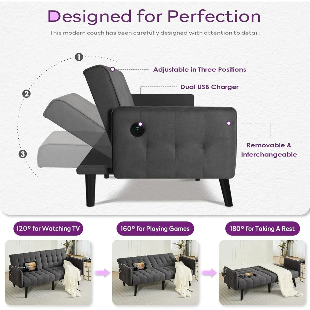 Sofa, Bed & Charging Station in One — TYBOATLE 65" Futon Sofa Bed | 2 USB Ports, Tufted Linen, Adjustable Loveseat for Small Spaces