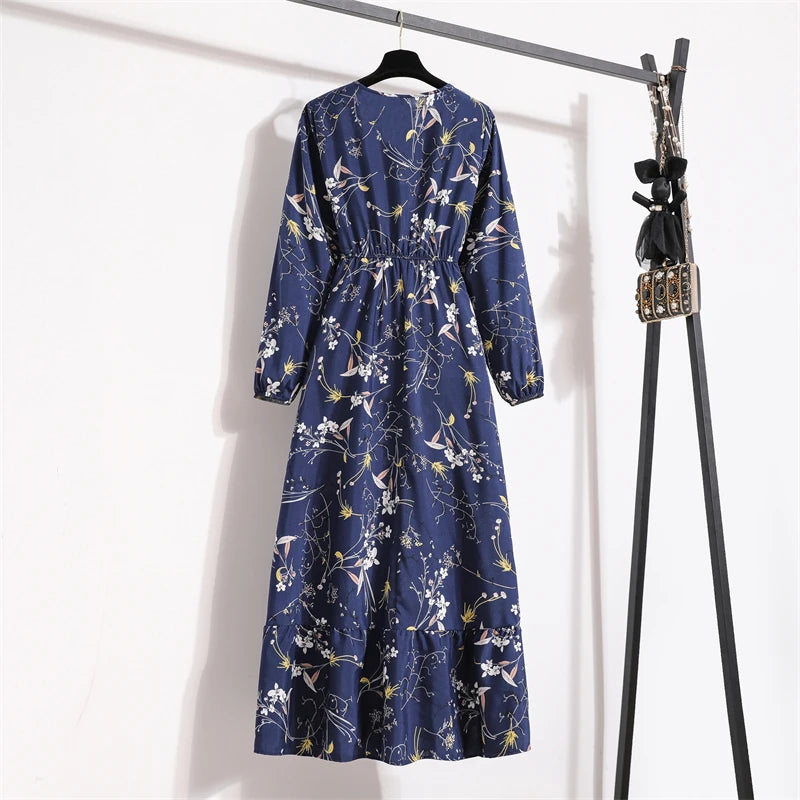 Women Long Dresses Spring Summer Casual Full Sleeve Floral geometry Printed O neck Woman Bohe Beach Party Dress Mujer Vestidos