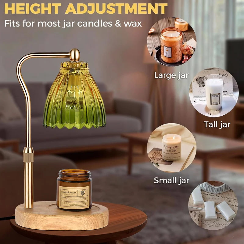 Retro Candle Warmer Lamp with Wood Base and Glass Shade