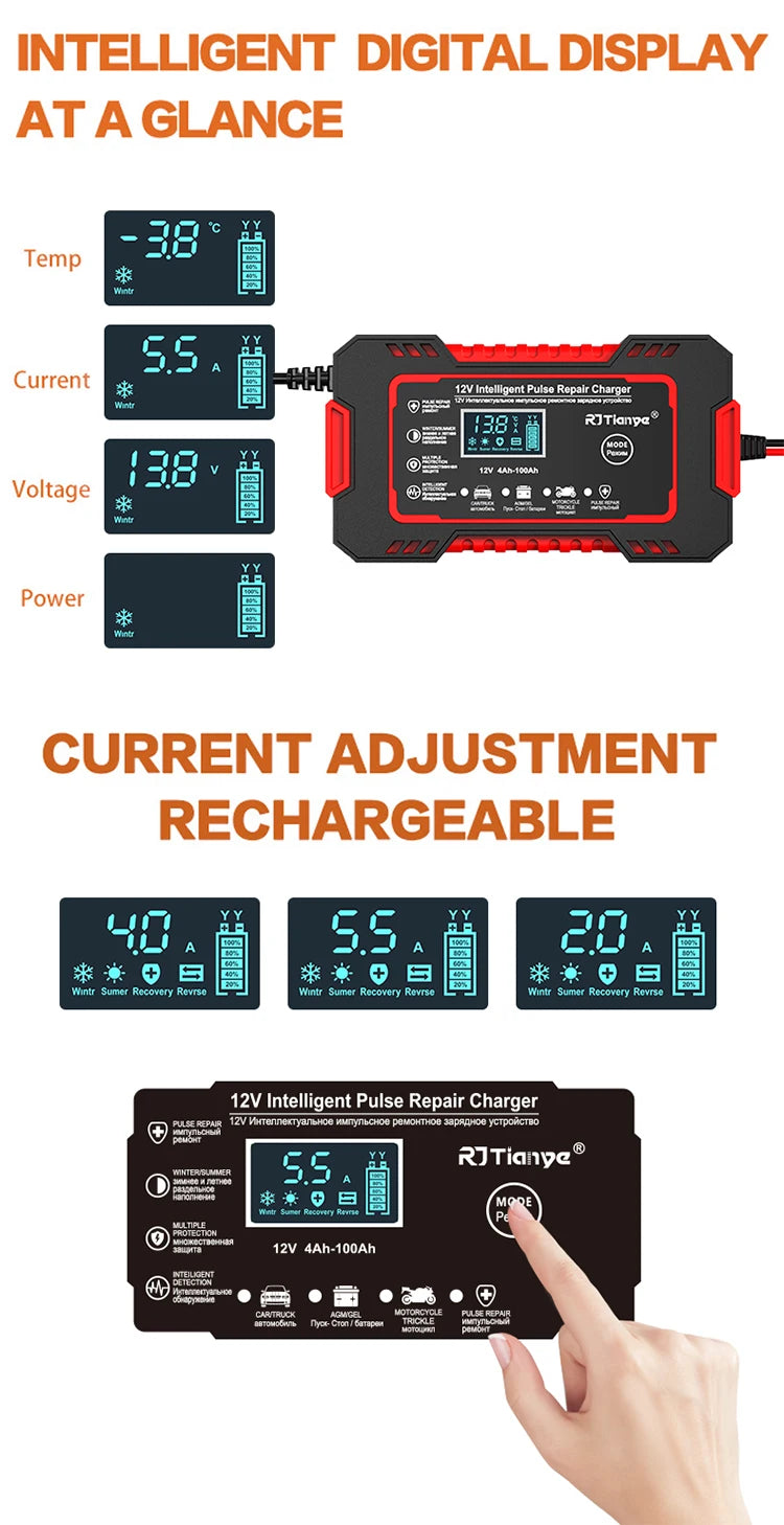 12V 6A Smart Car Battery Charger — LCD Touch Screen Pulse Repair for AGM, GEL & Lead Acid Batteries