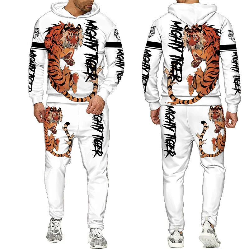 Men's 3D Tiger Print Hoodie & Pants Tracksuit Set – 2-Piece Sportswear