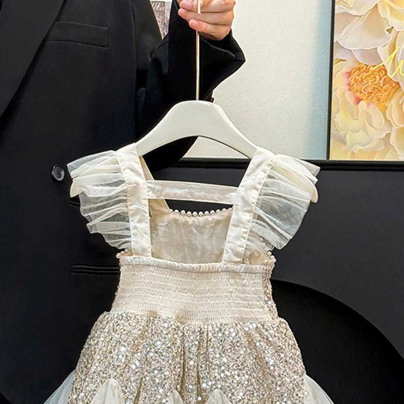 Sequin Flying Sleeve Girls Party Dress — Elegant Mesh Vest Princess Prom Dress