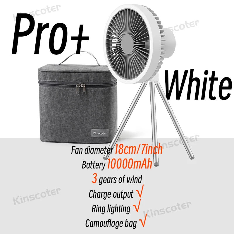 10000mAh Camping Fan – Rechargeable Portable Wireless Ceiling Fan with Power Bank & LED Lighting Tripod