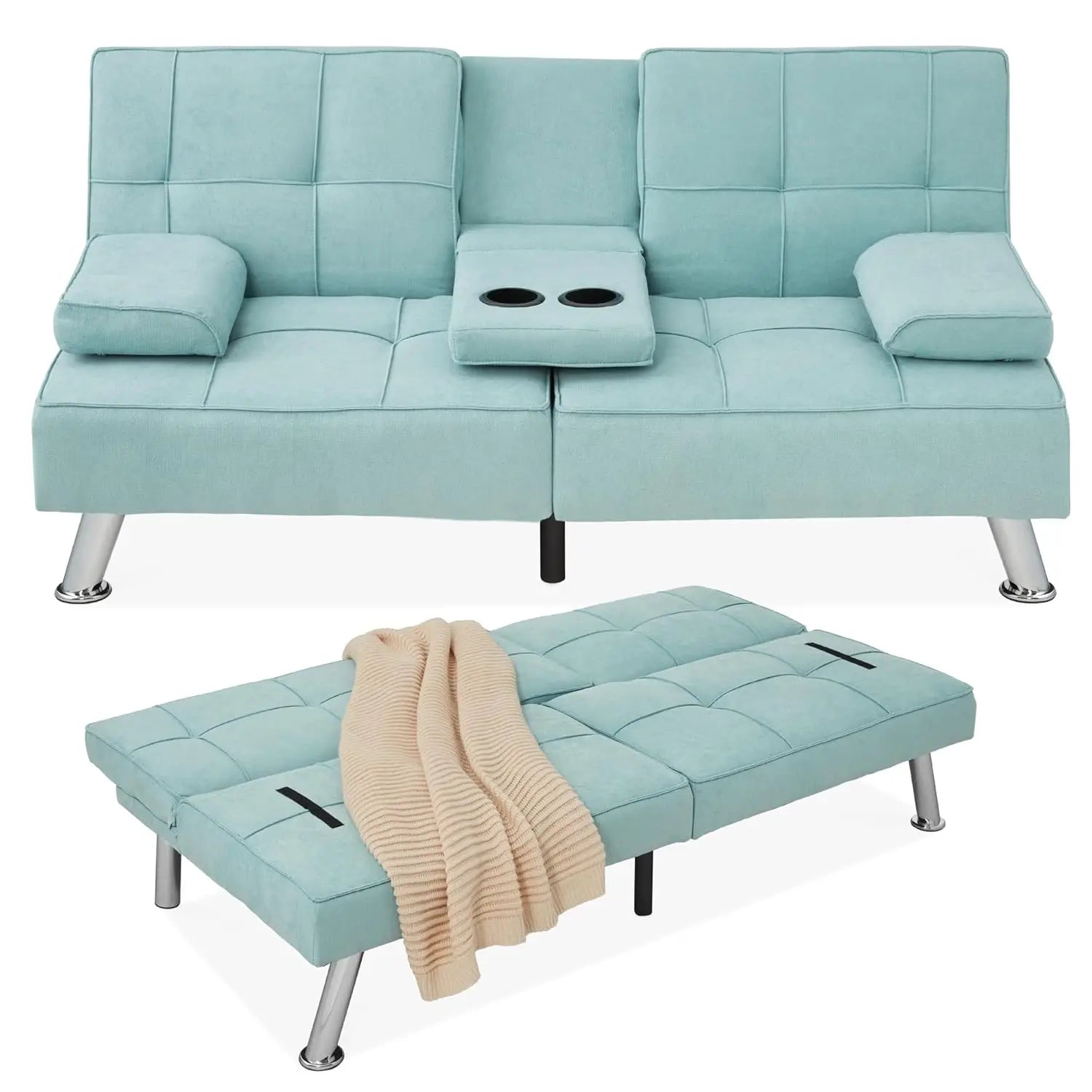 Sit, Recline, Sleep — Modern Linen Folding Futon Sofa Bed | 3 Positions, 2 Cupholders, Removable Armrests, 500 lb Capacity