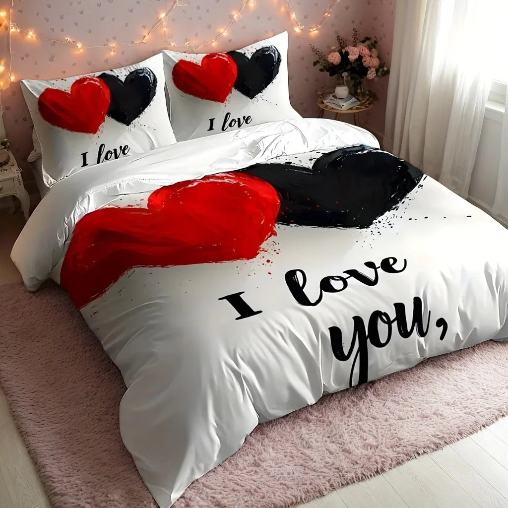 Dark Red & Black Letter Print Bedding Set – 3-Piece Duvet Cover, Queen & King