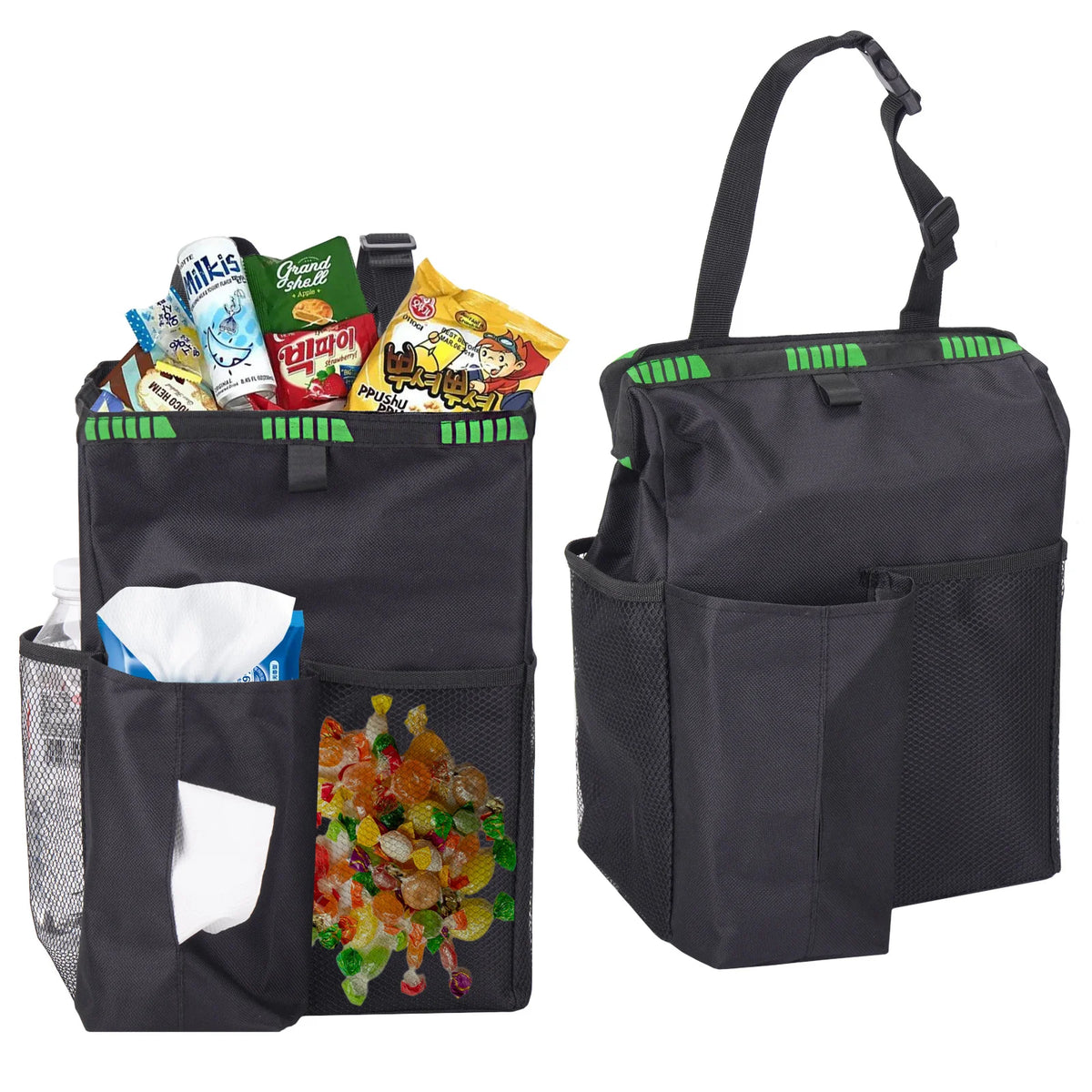 Black tote bag with multiple pockets filled with snacks and drinks on a white background