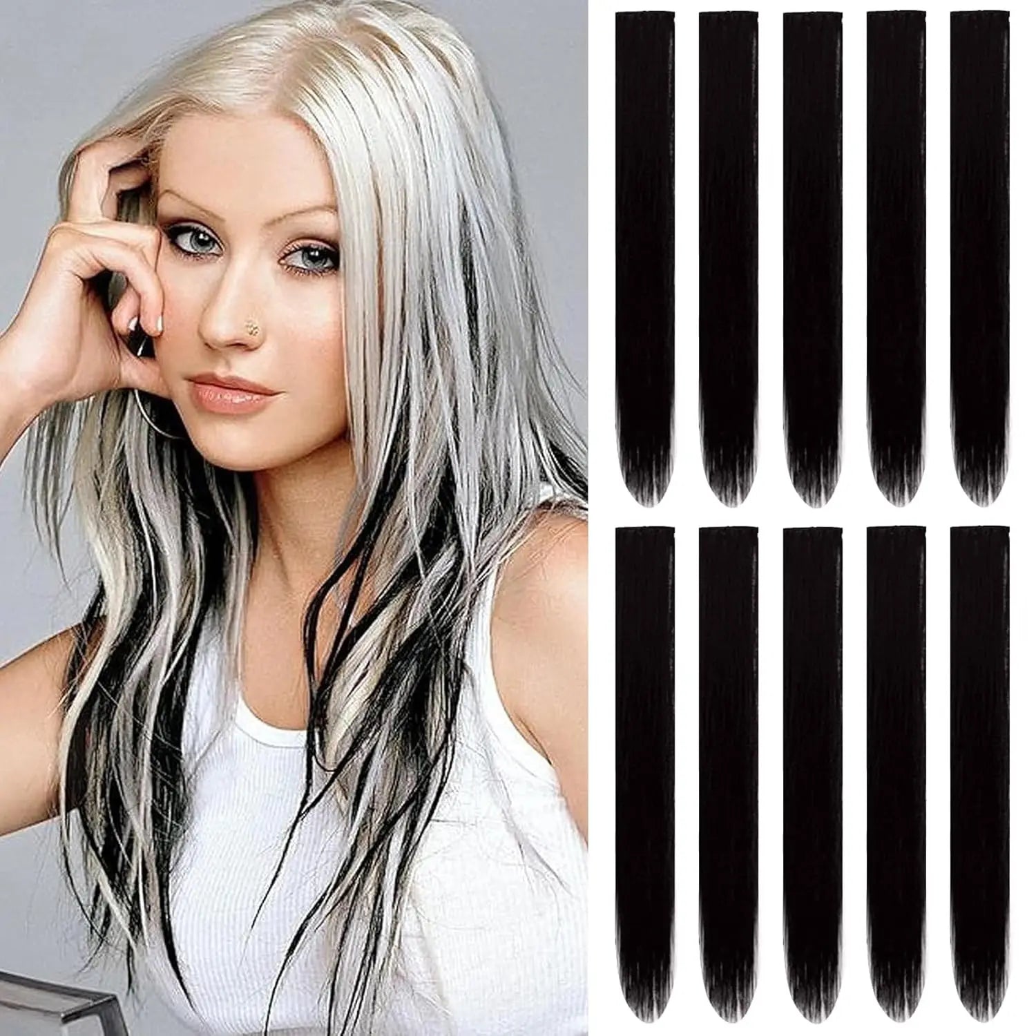 Synthetic 10PC Colored Clip-In Hair Extensions — Kinky Straight, High Temp Fiber, 70g Set