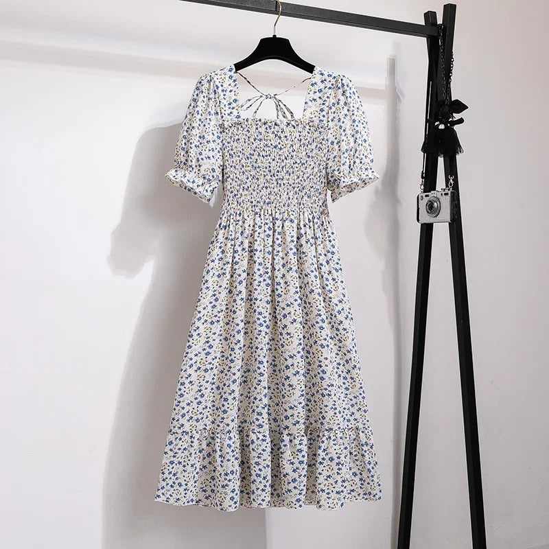 Chiffon A-Line Midi Dress — Elastic Waist Short Sleeve Casual Dress