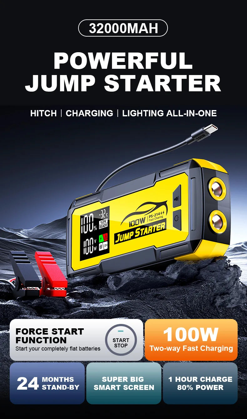 32000mAh Car Emergency Jump Starter — Portable Battery Booster with Power Bank