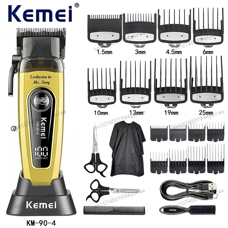 Kemei KM-90 Professional Hair Clipper Set – DLC Blade, Brushless Motor, 11,500 RPM, Cordless Barber Kit