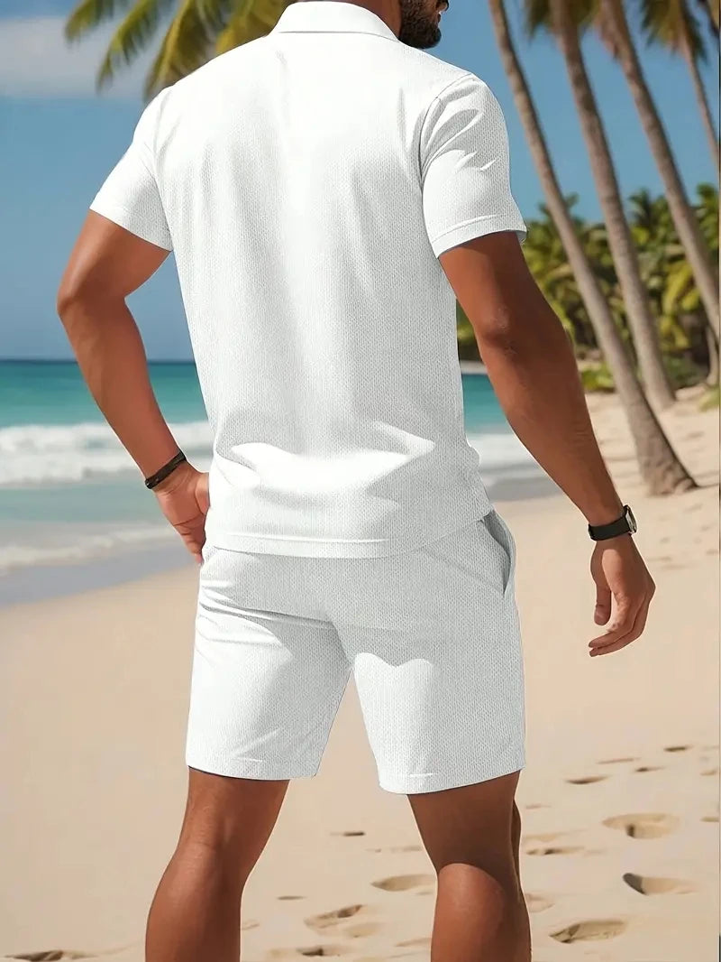 Men's Button-Down Polo Shirt & Breathable Mesh Shorts Set – Casual Versatile Summer Plus Size