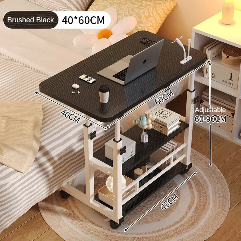 Mobile Adjustable Height Desk with Storage Shelf — Rolling Bedside Desk, Optional USB Fan & Light, 60–90cm