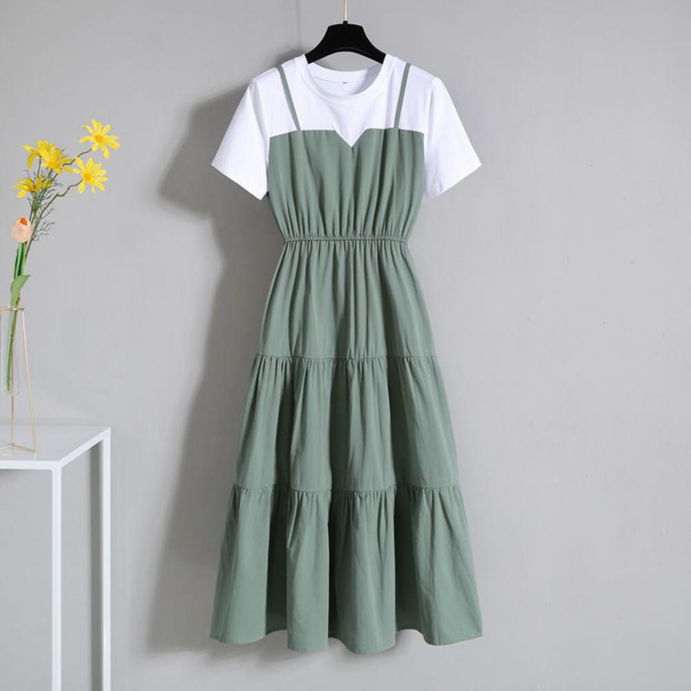 Women's Fake Two-Piece Color Block Summer Dress – Short Sleeve Waist Tight Strap Dress