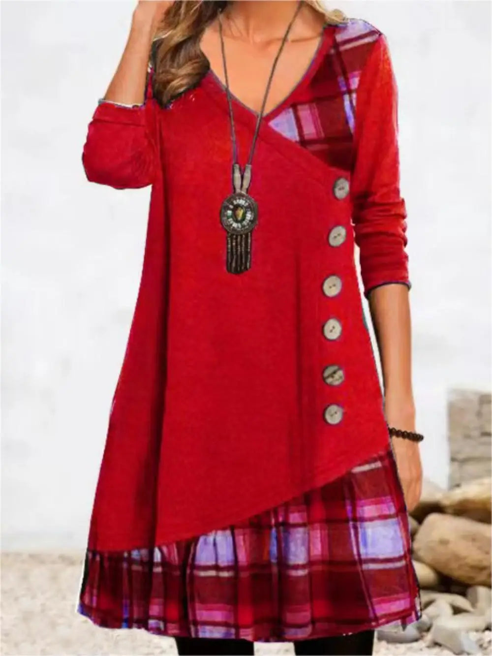 Long Sleeve V-Neck Loose Party Dress — Elegant Button Casual Autumn Winter Dress