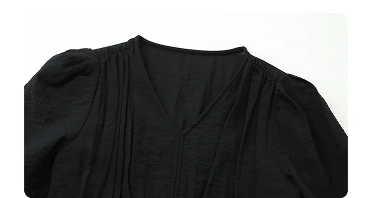 CHIC VEN Women Dresses French Style Vintage V-neck Puff Sleeve Long Dress Solid Black Loose Female Clothing Summer New 2023