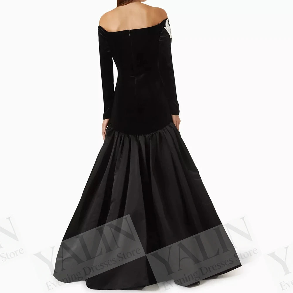 Off Shoulder Sequin Draped Prom Gown — Full Sleeve A-Line Floor-Length Formal Dress