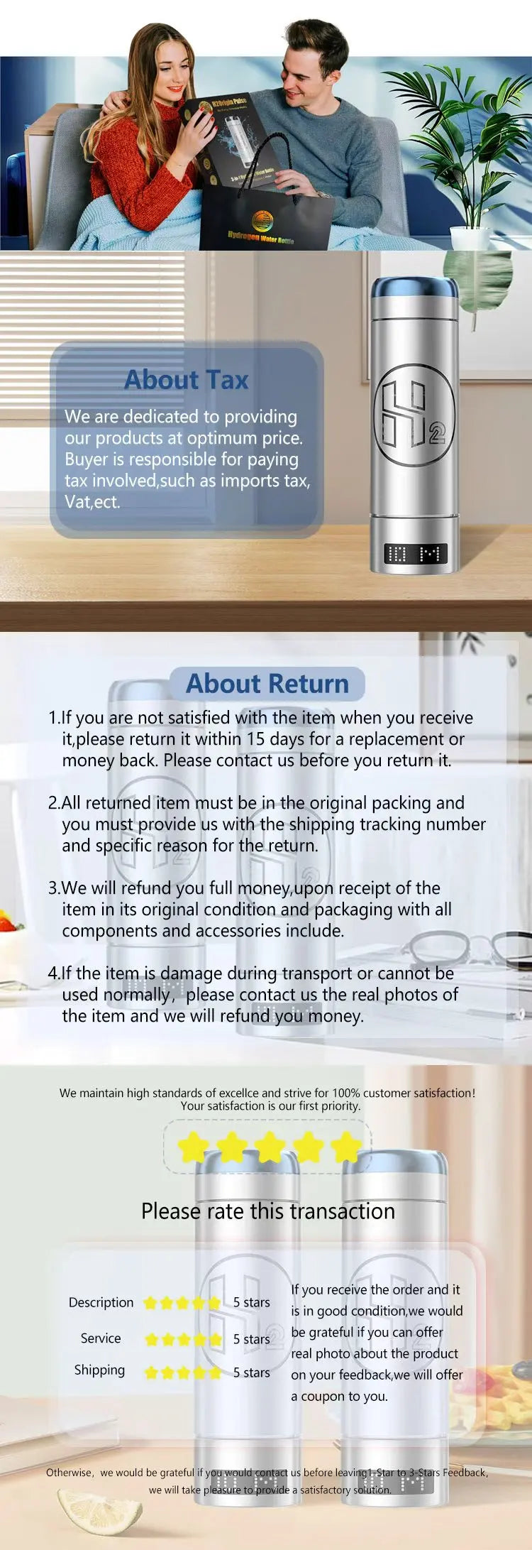 Hydrogen Water Bottle Generator — 9000 PPB, 3-in-1 Portable Water Ionizer