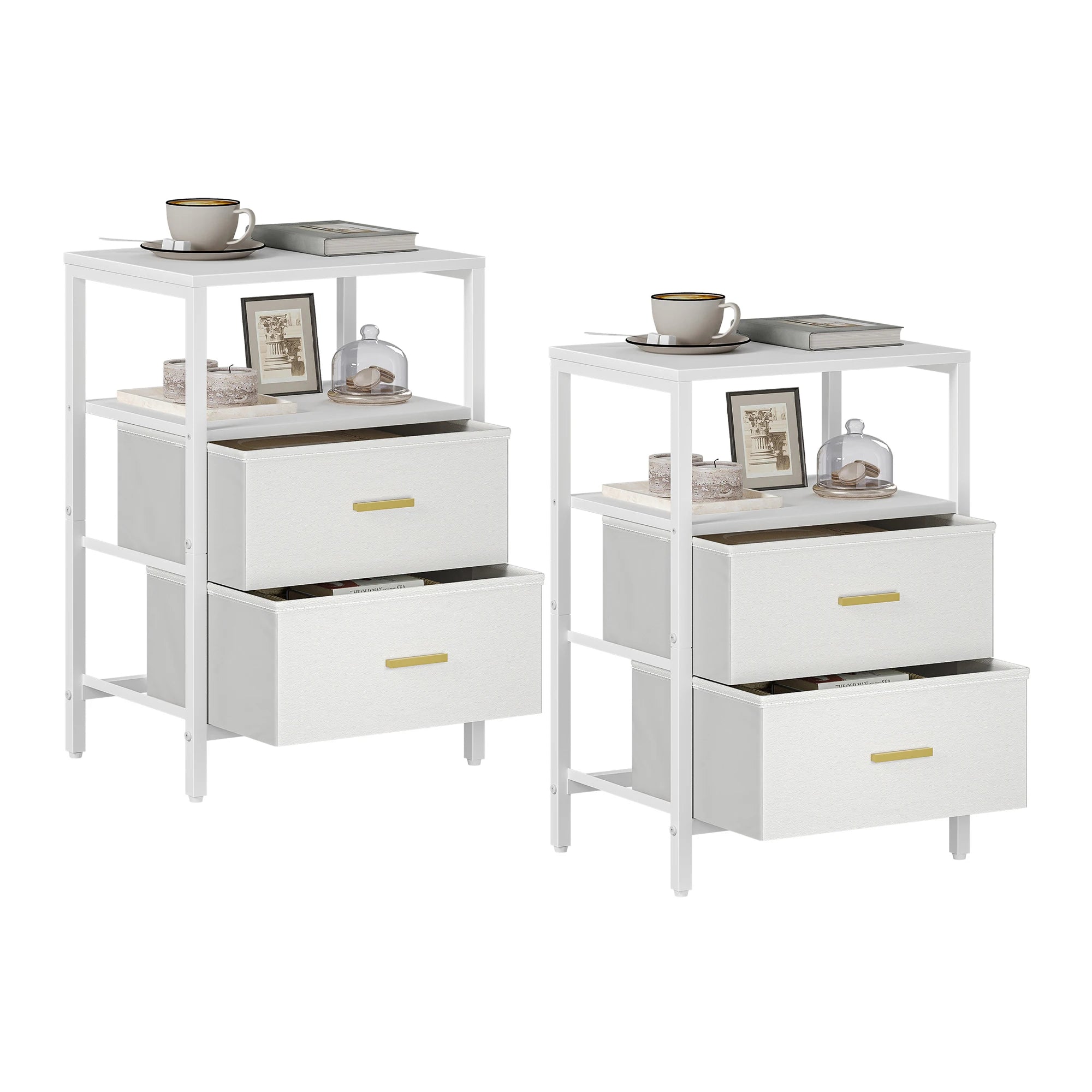 Bedside Table set of 2, Side Table with 2 Storage Drawers, Open Compartment, Coffee Table, Bedside Table Bedroom, White