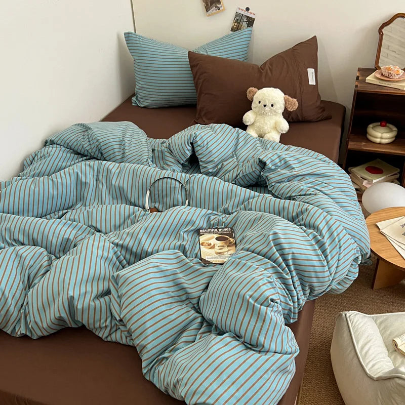 Stripe Print Washed Polyester Bedding Set – 3 or 4-Piece Duvet Cover with Sheet & Pillowcases, 6 Colors