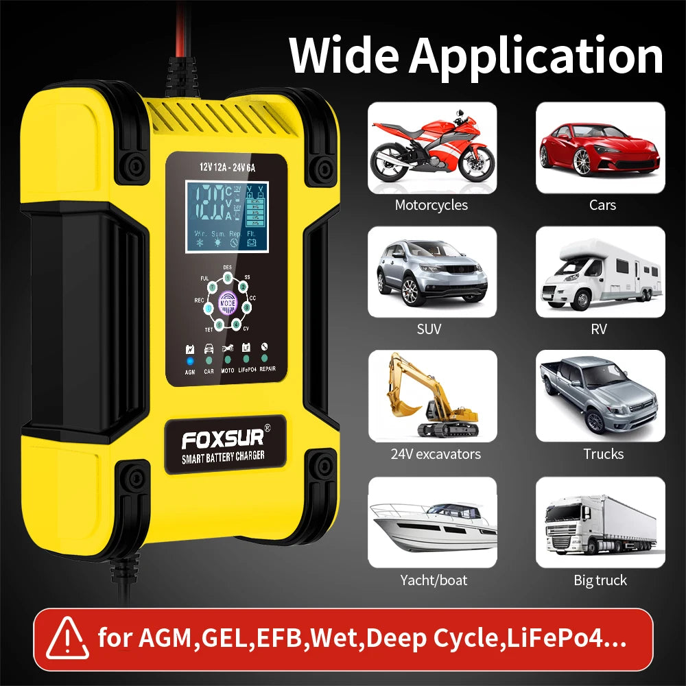 Foxsur Automatic Car Battery Charger 12V 12A – Digital Display Pulse Repair for Wet Dry Lead Acid Batteries