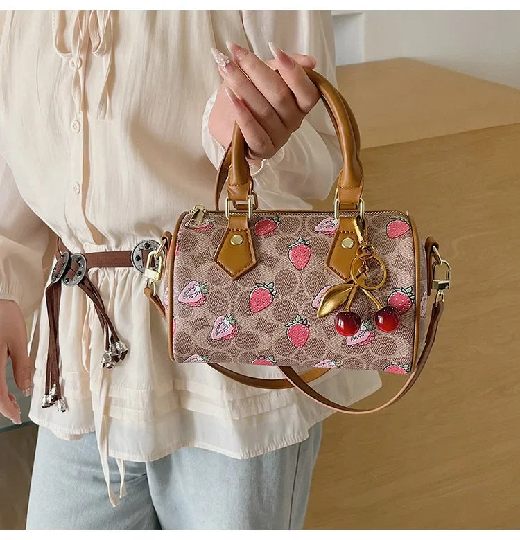 Cherry Print PU Leather Boston Crossbody Shoulder Bag – Luxury Designer Handbag for Women