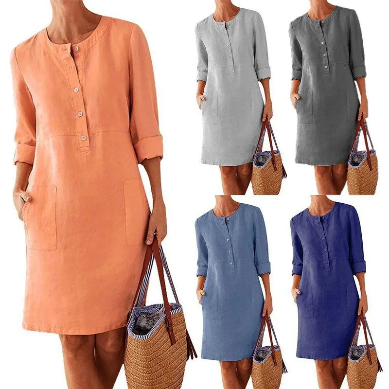 Women's Cotton Linen Tunic Dress – Long Sleeve Vintage Straight Oversized Casual Dress
